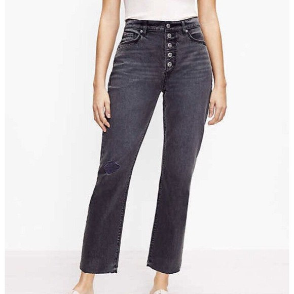Loft Button 5 Fly High Waist Straight Crop Jeans Women’s Size 32/ 14 Gray Jeans - Picture 1 of 12